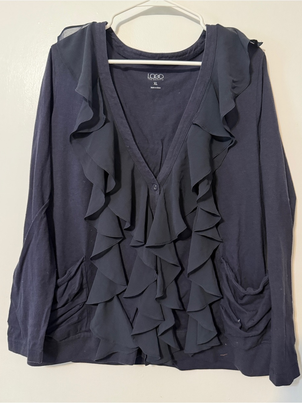 LOFT Navy Ruffle-Front Cardigan